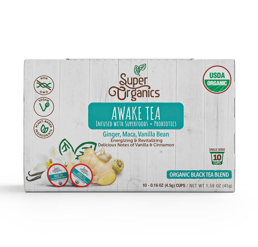 Super Organics Awake Black Tea Pods With Superfoods & Probiotics Keurig K-Cup Compatible Energy, Revitalizing, Refreshing Tea Usda Certified Organic, Vegan, Non-Gmo, Natural & Delicious, 10Ct