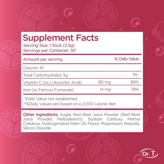 Dr. T On-The-Go Iron Force Packs – Direct-To-Mouth Powder – Boosts Red Blood Cell Production, Enhances Energy Levels, Promotes Optimal Oxygen Transport – 30 Convenient Single-Serve Packs