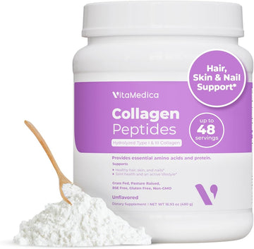 Vitamedica Collagen Peptides Powder For Women & Men - Healthy Hair, Skin, Nails, Bones And Joints - Hydrolyzed Types I & Iii, Grass-Fed, Pasture-Raised Protein, Zero Sugar - 48 Servings