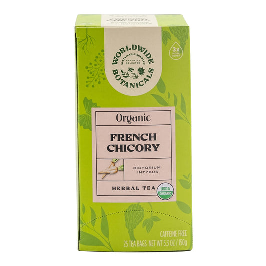 Worldwide Botanicals Organic French Chicory Root Tea, 25 Tea Bags - 3X Herbs With 6G Per Teabag - Prebiotic, Roasted - Acid Free, Caffeine Free, Kosher