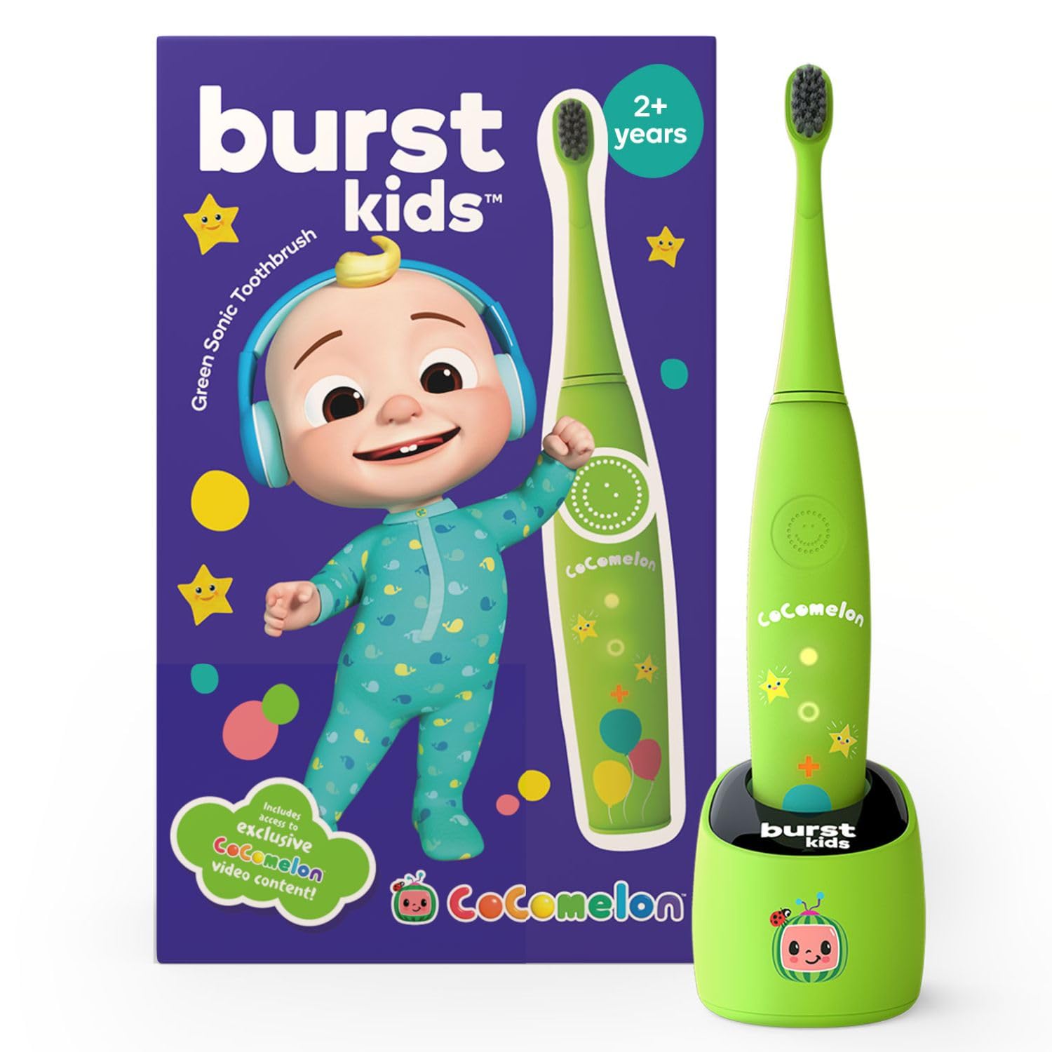 CoComelon x BURSTkids Kids Electric Toothbrush, Soft Bristle Kid & Toddler Toothbrush, 2-Minute Timer, Rechargeable Battery, Easy-Grip Silicone Handle, 2 Brush Modes, Ages 2+, Green with JJ