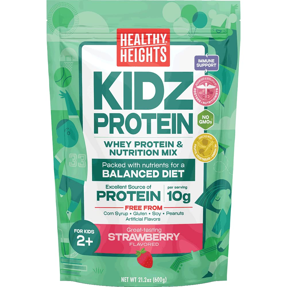 KidzProtein Powder Shake Mix Bag (Strawberry) by Healthy Heights - High Protein Nutritional Shake - Key Vitamins & Minerals No Artificial Flavors, Gluten Free, Soy Free, Peanut Free, No GMOs