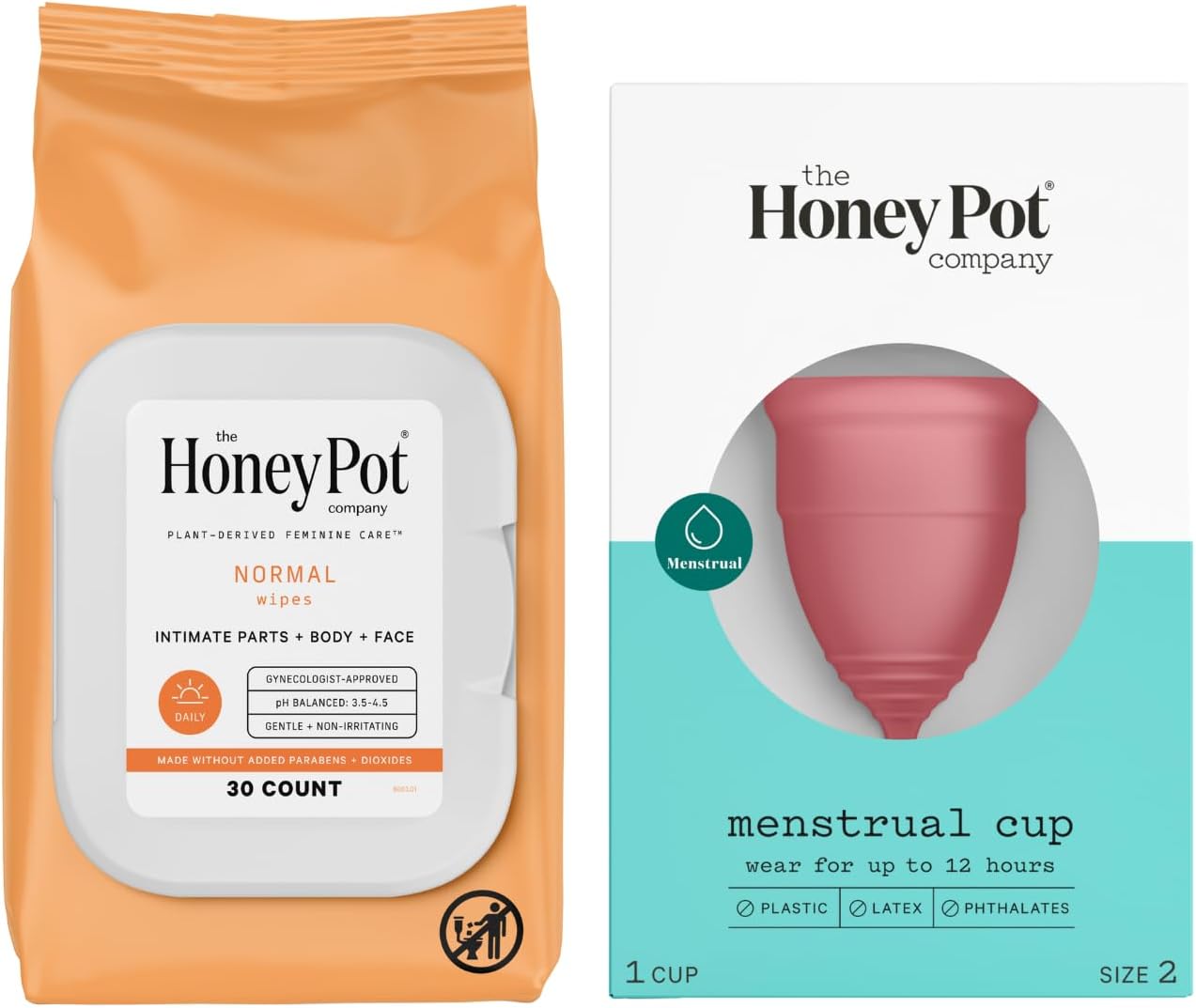 The Honey Pot Company - Normal Wipes, 30 Ct - Daily Ph Balancing, Fragrance & Sulfate Free For Intimate Parts, Body, Or Face & Size 2 Menstrual Cup Bundle - 12 Hour Reusable Protection For Periods