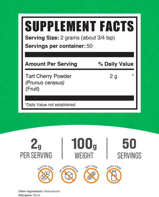 BulkSupplements.com Tart Cherry Powder - Fruit Powder, Tart Cherry Supplements - Antioxidant Source, Gluten Free & No Added Sugar, 2g per Serving