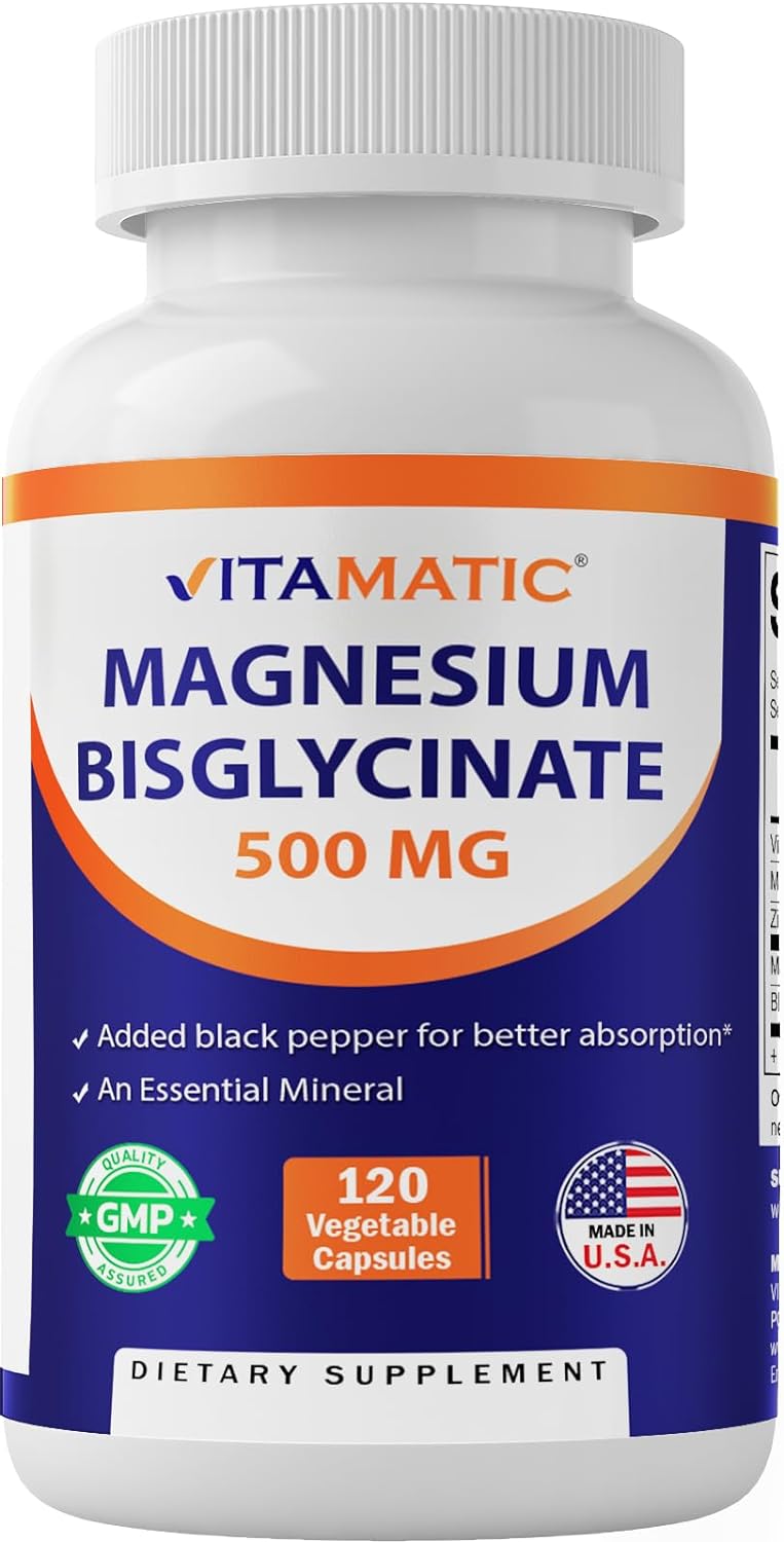 Vitamatic Magnesium Bisglycinate 500mg - 120 Vegetarian Capsules - Added Zinc, Vitamin D3 & Black Pepper - Supports Muscle, Joint, and Heart Health