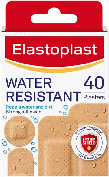 Elastoplast Water Resistant Plasters (40 Pieces), Dirt And Water Resistant Strip Plasters, Waterproof Plasters, Strong Adhesion, All-Purpose First Aid Plasters, Various Sized Plasters, Tan