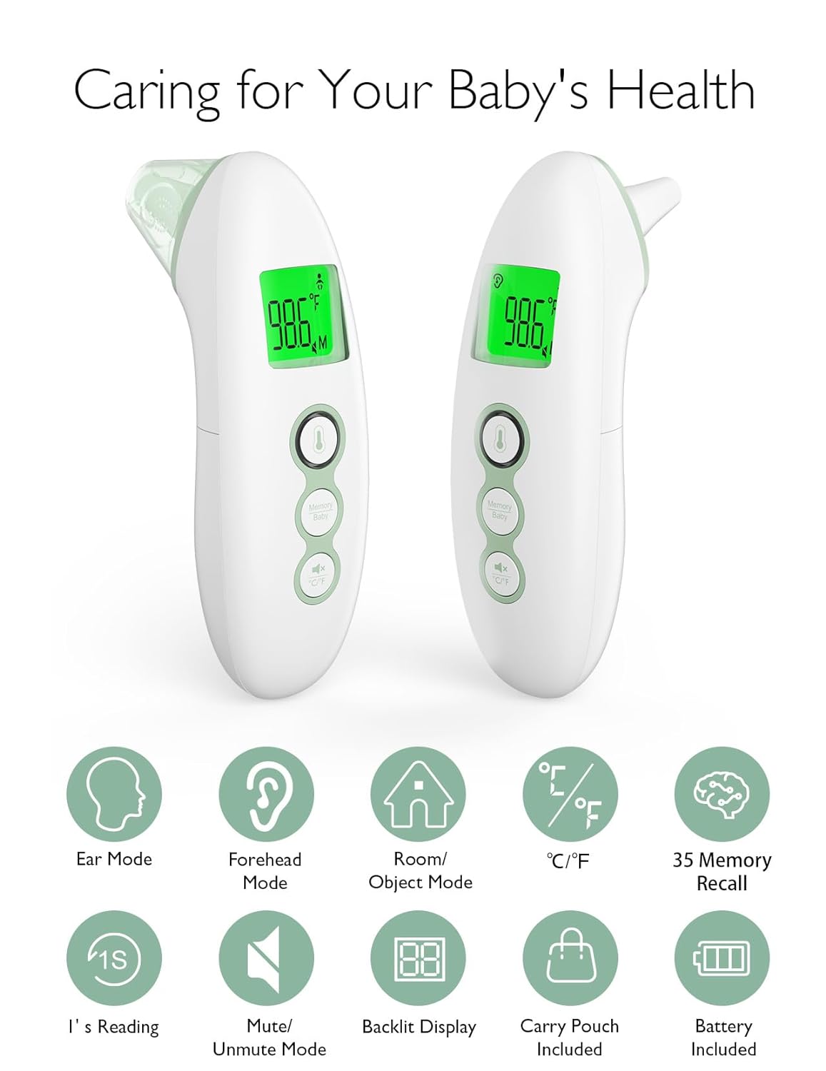 Momcozy Non-Contact Forehead and Ear Thermometer, Digital Infrared Thermometer for Adults and Children, with Child Mode, Fever Alarm Function, Mute and Memory Functions, Fast and Accurate Measurement : Baby