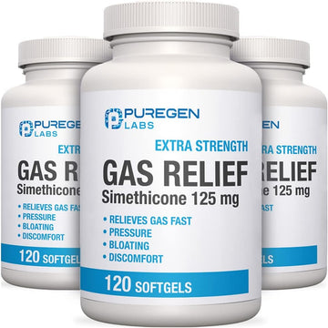 Puregen Labs Extra Strength Gas Relief Softgels with Simethicone 125 mg EXP 06/2025 | Fast Relieve of Pressure, Bloating and Painful Discomfort ? 3 Pack | Total 360 Softgels