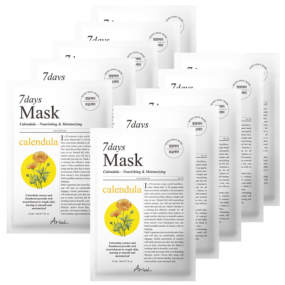 Ariul 7 Days Mask Calendula P – Nourishing & Moisturizing Korean Face Mask With Calendula Extract & Panthenol, Skin Barrier Hydration, Vegan Sheet, 10 Masks, 23Ml / 0.77 Fl. Oz Each (Calendula P)