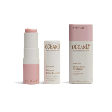 Bundle of ATTITUDE Oceanly Lightweight Blush Stick, Titanium Dioxide-Free, EWG Verified, Plastic-Free, Vegan & Cruelty-free Makeup, Silky Pink, 0.3 Oz + Sheer Lip Gloss Stick, Silky Pink, 0.12 Oz