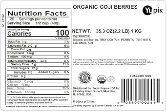 Yupik Organic Dried Goji Berries, 2.2 Lb, Gluten-Free, Non-Gmo, Vegan, Dried Fruits, Wolfberries, Sulphite-Free, Superfood, High In Vitamin A And C, Source Of Fiber, Healthy Snacks, Ideal For Baking