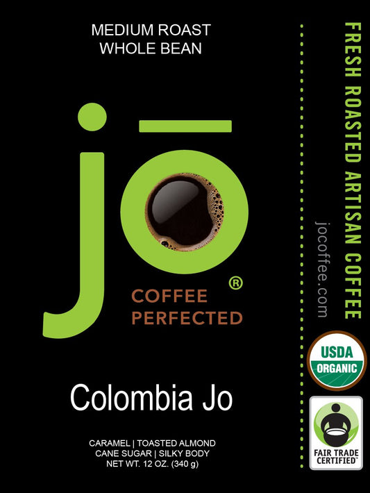 Colombia Jo: 12 Oz Organic Coffee, Whole Bean, Medium Roast, 100% Usda Organic, Fair Trade Certified, Kosher Certified, Gmo Free, Gluten Free, Organic Arabica Colombian Gourmet Specialty Coffee