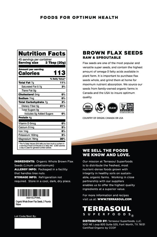 Terrasoul Superfoods Organic Brown Flax Seeds 6Lb Bundle (3-2Lb Resealable Packages)