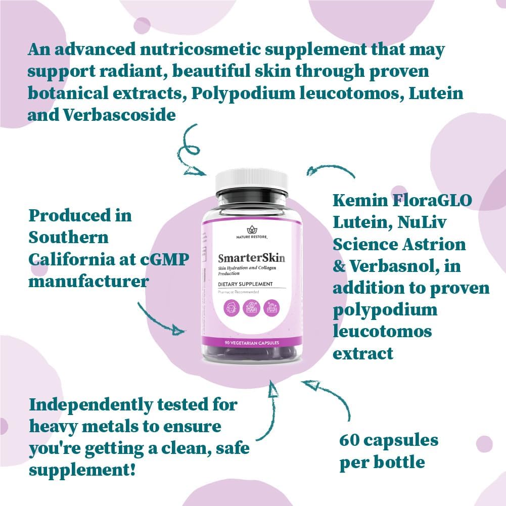 Smarter Skin, Nourishing Skin Health Within, Triple Combination Of Polypodium Leucotomos Extract, Floraglo, Verbasnol, 60 Vegan Capsules : Health & Household