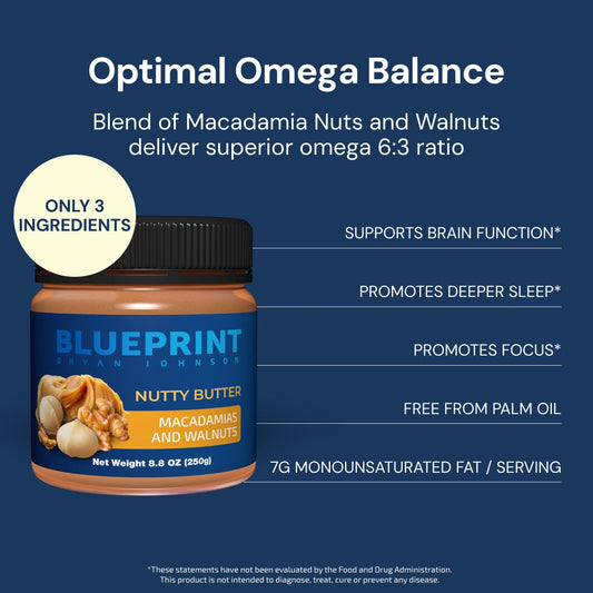 Blueprint Bryan Johnson Nutty Butter - Macadamia Nuts And Walnuts - Just 3 Ingredients - No Palm Oil - Keto And Low Carb Snack - No Added Sugar, Vegan, Non Gmo, Keto And Paleo Friendly (8.8 Ounces)