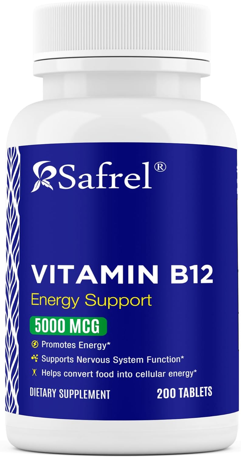 Safrel Vitamin B12 5000 Mcg Per Tablet, 200 Days Supply, Supplement For Energy, Metabolism And Nervous System Health Support, Vegan, Gluten Free And Dye Free | Made In Usa