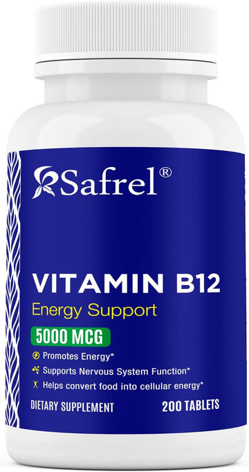 Safrel Vitamin B12 5000 Mcg Per Tablet, 200 Days Supply, Supplement For Energy, Metabolism And Nervous System Health Support, Vegan, Gluten Free And Dye Free | Made In Usa