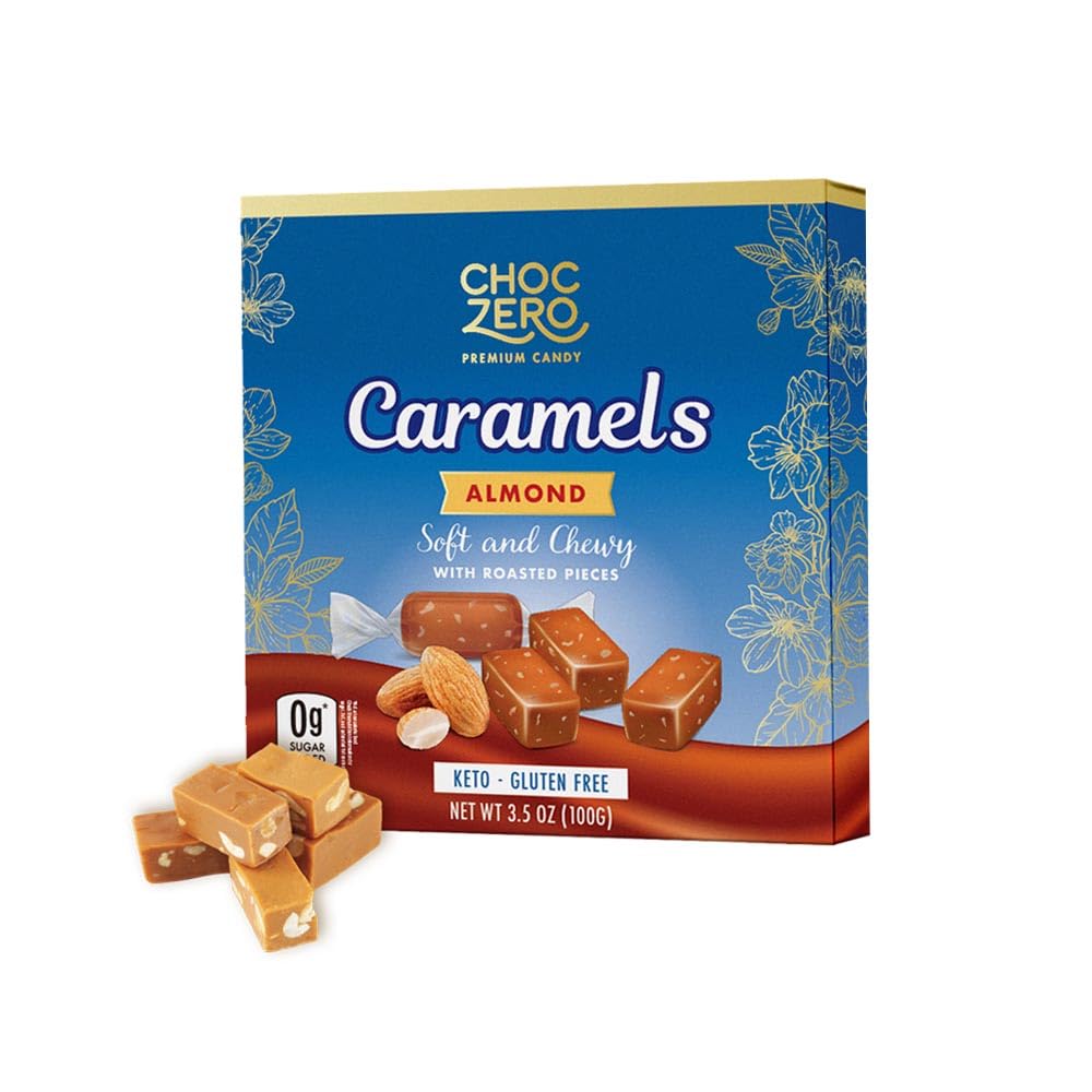 Choczero Sugar Free Almond Caramels, Soft And Chewy With Roasted Almonds, Keto Candy, All Natural, Low Carb Snack (3.5Oz Box)