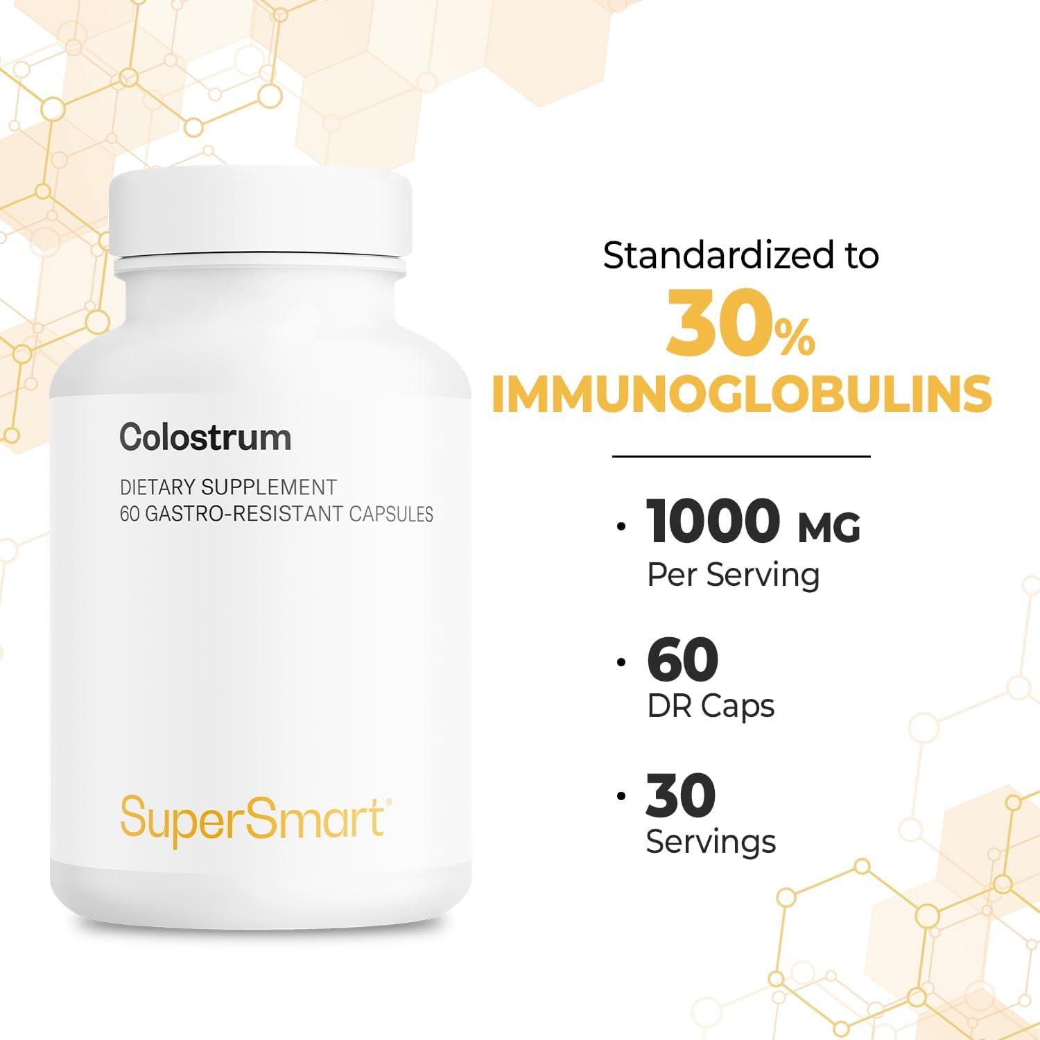 Supersmart - Colostrum Supplement 1000Mg Per Day (Well-Tolerated 30% Igg) - High Concentration Bovine Colostrum & Lactoferrin | Non-Gmo & Gluten Free - 60 Dr Capsules : Health & Household