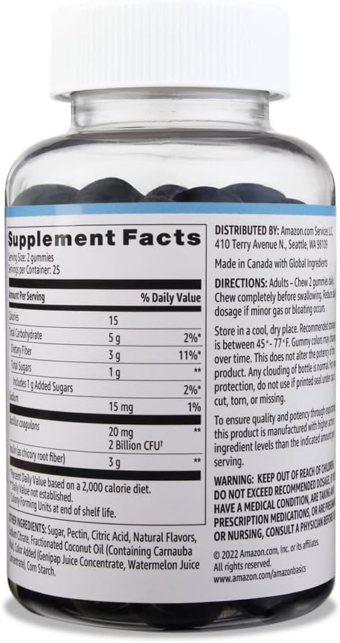 Amazon Basics Prebiotic & Probiotic Gummies, 2 Billion Cfu, Blue Raspberry, 50 Count (2 Per Serving) (Previously Solimo)