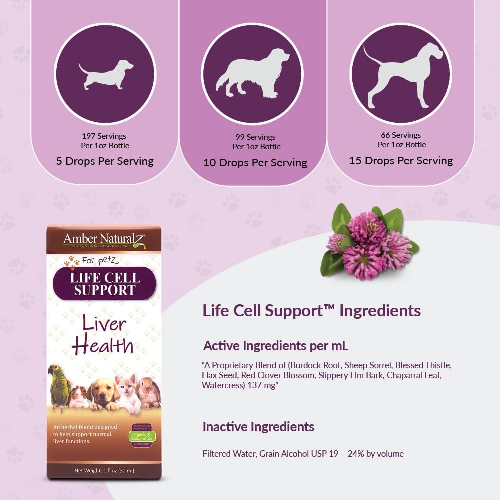 Amber Naturalz Life Cell Support Herbal Supplement For Dogs, Cats, Birds, Guinea Pigs, And Rabbits | Pet Herbal Supplement For Liver Health | 1 Fluid Ounce Glass Bottle | Manufactured In The Usa : Pet Supplies