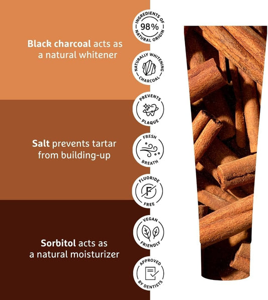 Ecodenta Black Cinnamon Teeth Whitening Toothpaste - Black Tooth Paste Whitens Teeths | Cinamon Flavour Natural Toothpastes Fluoride Free, 100Ml