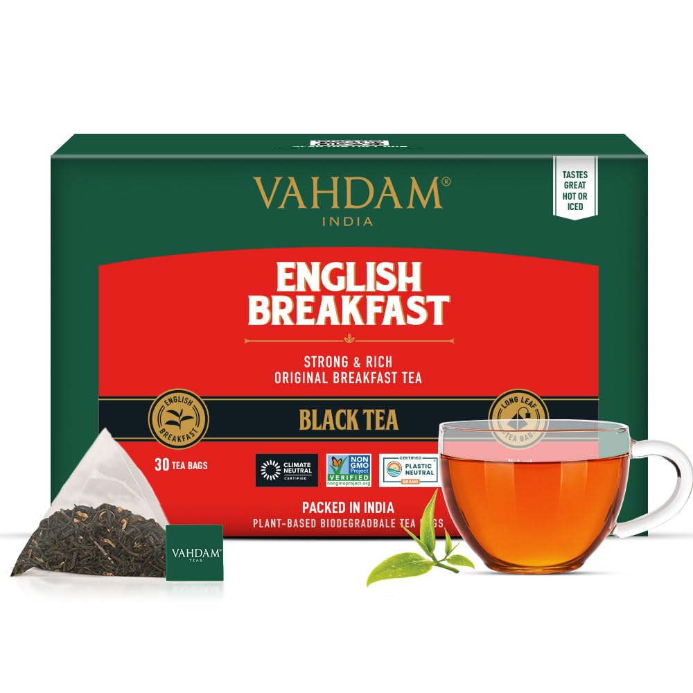 Vahdam, English Breakfast Black Tea Bags (30 Count) High Caffeine | Strong, Robust & Flavoury | Individually Wrapped Pyramid Tea Bags | Full Bodied Black Tea Leaves