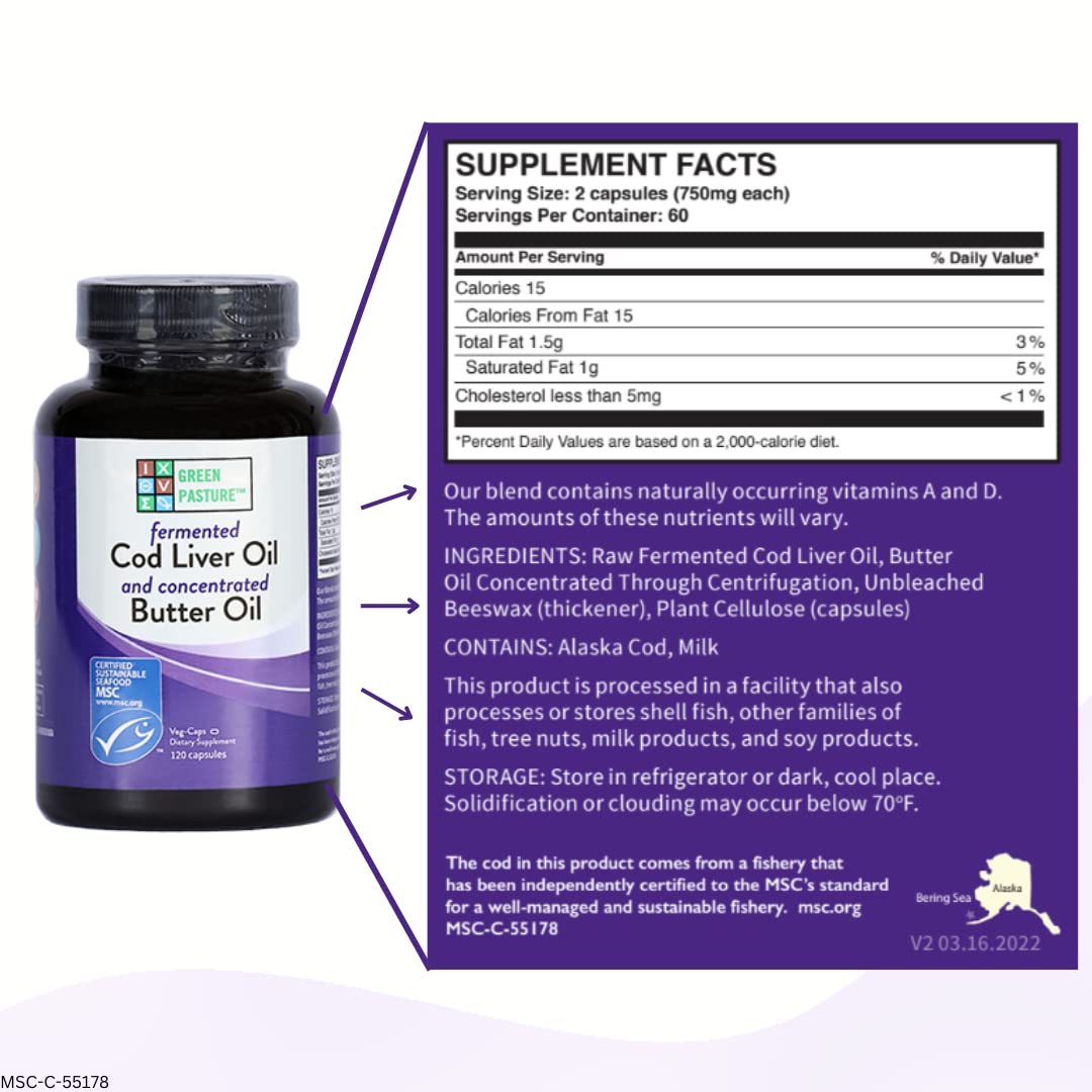 Green Pasture Fermented Cod Liver Oil Blend and Concentrated Butter Oil Blend - 120 Capsules : Health & Household