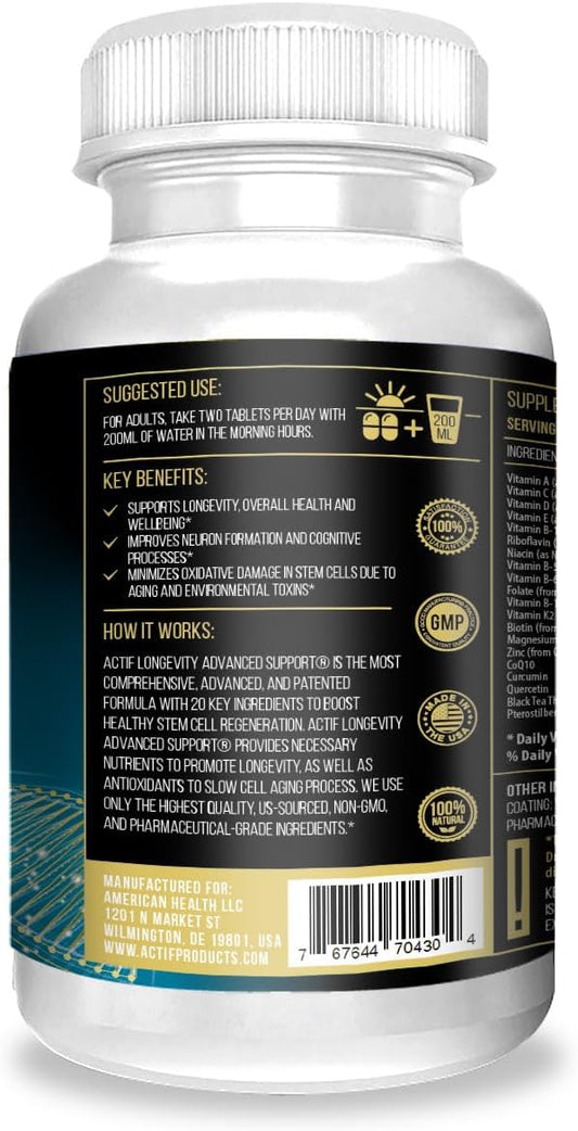 Actif Longevity Advanced Support With 20 Factors - Non-Gmo, 2 Month Supply, Made In Usa