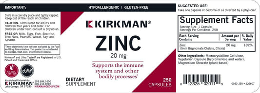 Kirkman - Zinc 20Mg - 250 Capsules - Immune Support - High Absorption - Hypoallergenic