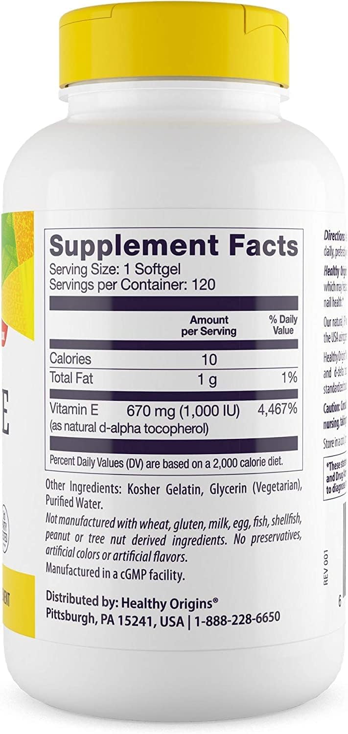 Healthy Origins Vitamin E, 1,000 IU (Natural) Mixed Tocopherols - Vitamin E Supplement - Gluten-Free & Non-GMO Skin, Hair & Nails Vitamin - 120 Softgels