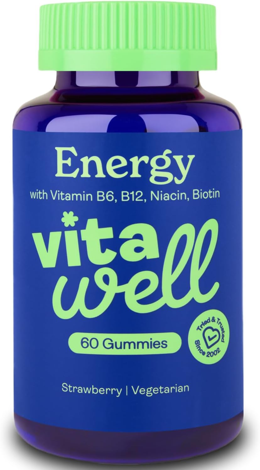 Vitawell Energy Vitamin Gummies - 60 Strawberry Flavour Gummies | High Strength Chewable Sustained Endurance Vitamins | Vitamins B6 + B12 + Niacin | Alternative To Energy Drinks, Gels & Pills