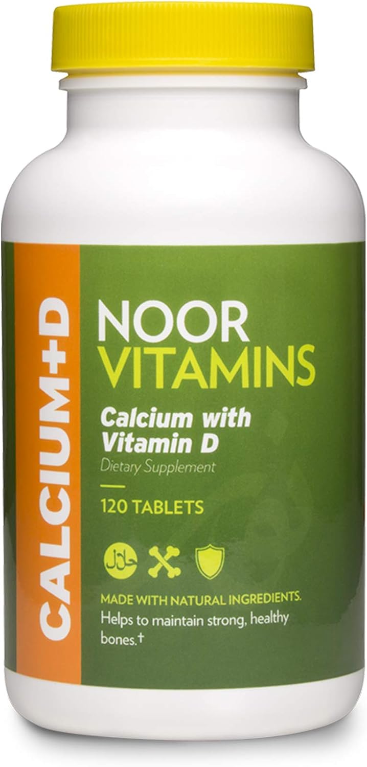 Noor Vitamins Halal Calcium Plus Vitamin D Bone & Immune Support | 600 mg Calcium & 800 IU (20 mcg) D2 per Tablet | aids in Absorption of Calcium into Bones, Non-GMO, Vegetarian & Halal (120 Tablets)