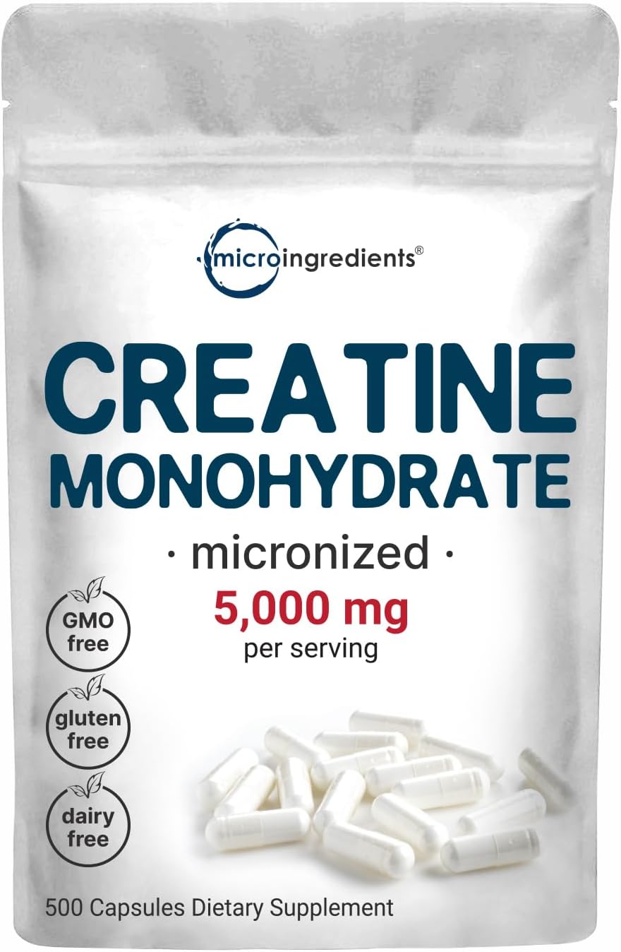 Creatine Monohydrate 5,000mg, 500 Capsules | Pure Creatine Pills – Micronized + Unflavored Powder Source, Easy Absorption | Pre Workout & Muscle Health Support | Keto, Non-GMO