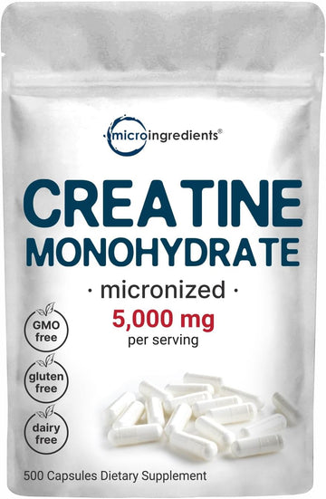 Creatine Monohydrate 5,000Mg, 500 Capsules | Pure Creatine Pills – Micronized + Unflavored Powder Source, Easy Absorption | Pre Workout & Muscle Health Support | Keto, Non-Gmo