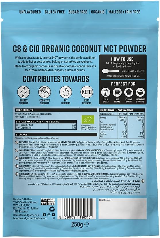 Hunter & Gather Thrive Fuel C8/C10 MCT Powder 250g | Triple Steam Distilled 100% Organic Certified Coconut | Keto, Low Carb & Paleo | Sugar, Gluten & Seed Oil Free : Amazon.co.uk: Health & Personal Care