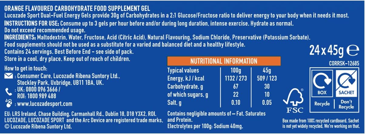 Lucozade Sport Dual-Fuel Energy Gels - Orange 24X45G | Carbohydrate Food Supplement Gel |