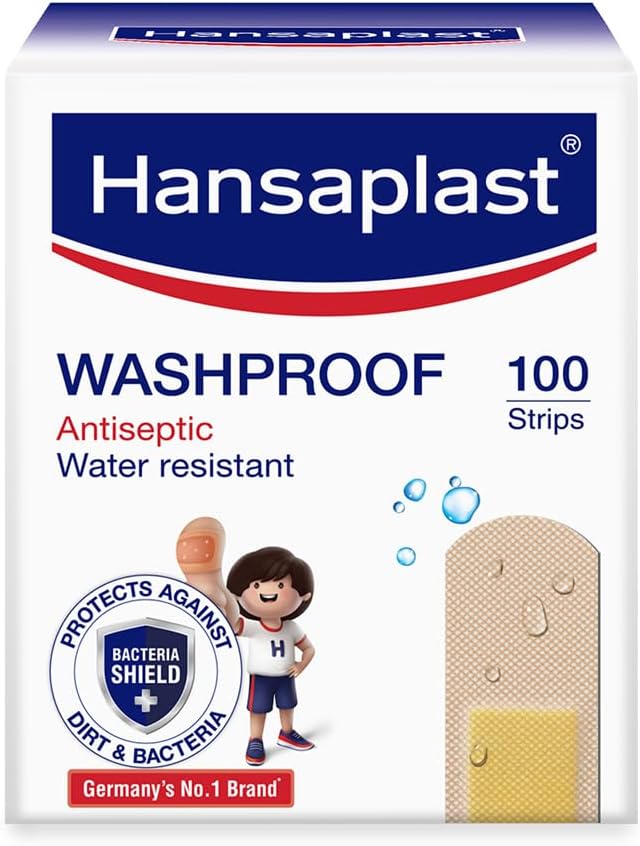 Hansaplast Washproof Antiseptic Plaster Strips, Waterproof Bandage For Cuts & Wounds | First-Aid | For Kids And Adutls | 100 Strips Fobo |