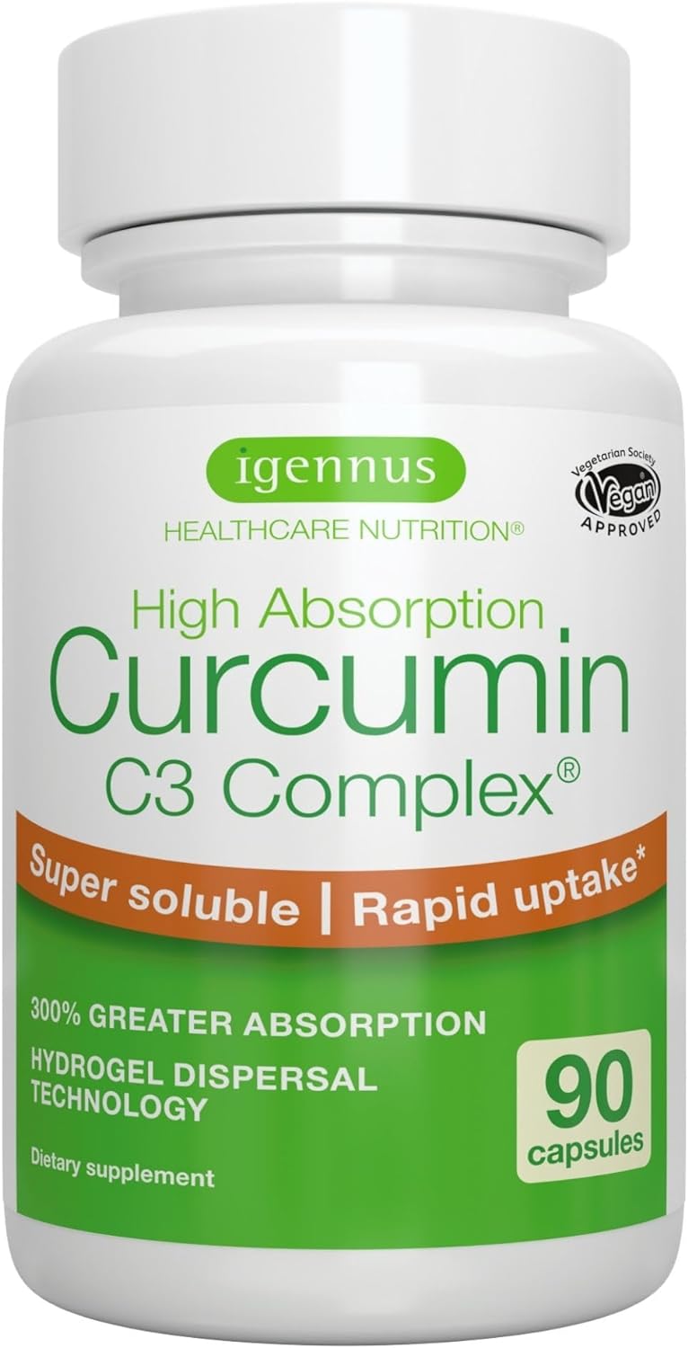 Ultra Soluble Curcumin C3 Complex, Clinically Researched Curcuminoid Supplement, 300% Greater Absorption, Clean Label, Rapid Uptake, 90 Vegan Capsules, By Igennus