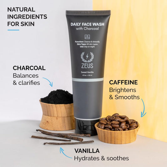 Zeus Charcoal Face Wash For Men, Daily Exfoliating Cleanser For Deep Pore Cleansing, Oil Control, Blackhead Removal & Skin Detox For All Skin Types (Made In Usa) 4 Fl. Oz