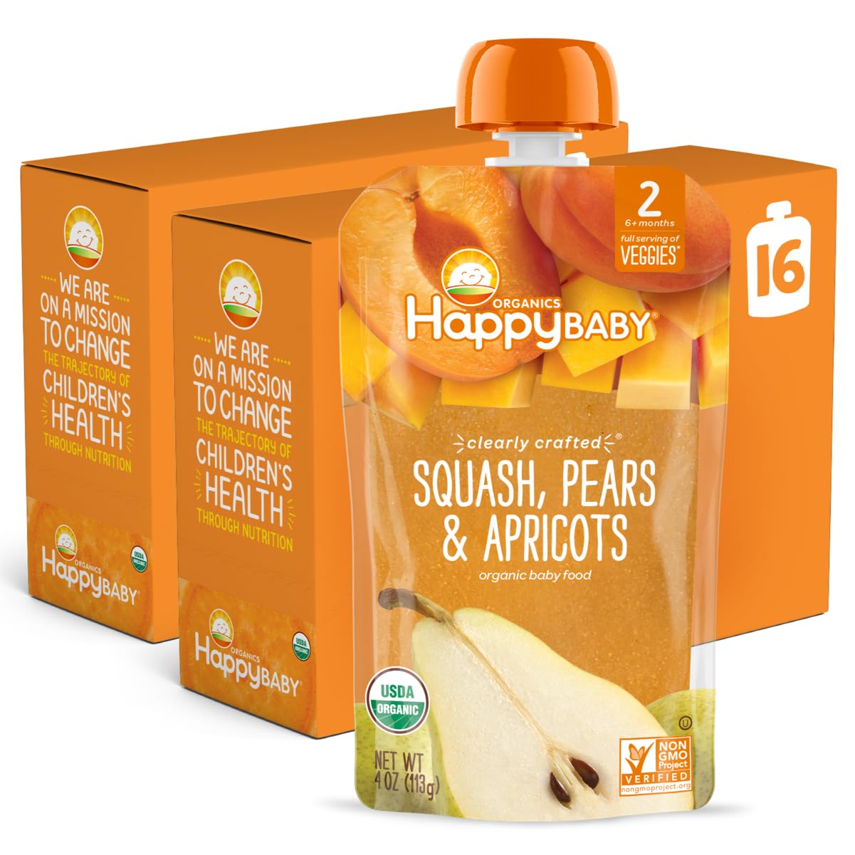 Happy Baby Organics Stage 2 Baby Food Pouches With One Full Serving Of Veggies, Nutritious Snack, Clearly Crafted Fruit & Veggie Puree, Squash, Mango, & Papaya, 4 Ounces