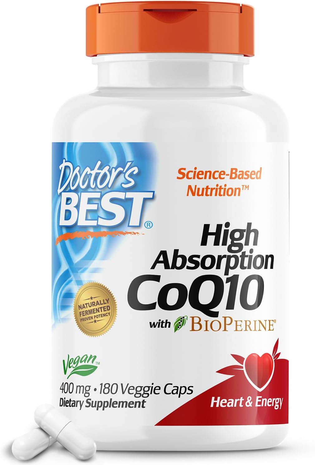 Doctor'S Best High Absorption Coq10 With Bioperine, Heart Health & Energy Production, Naturally Fermented, Non-Gmo, Gluten Free, Vegan, 400 Mg, 180 Veggie Caps