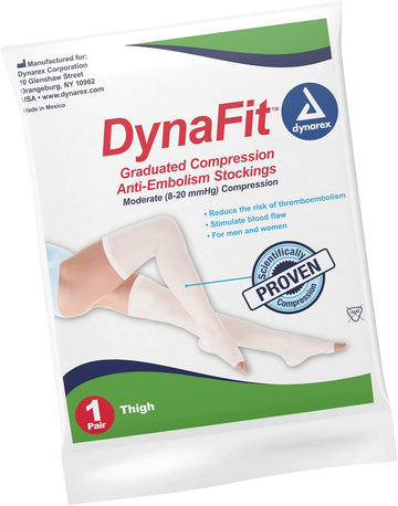 Dynarex Dynafit Compression Stockings Thigh High, 8-20 Mmhg, Help Prevent Blood Clots, Relieve Pain & Varicose Veins, White, 1 Pair Of Stockings