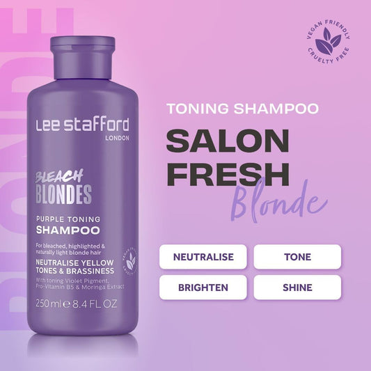Lee Stafford Purple Toning Shampoo | Bleach Blonde Collection - Neutralizes Brass & Yellow Tones, Great For Bleached, Highlighted, & Grey Hair, Hydrating & Adds Shine To Dry Damaged Hair, 250 Ml