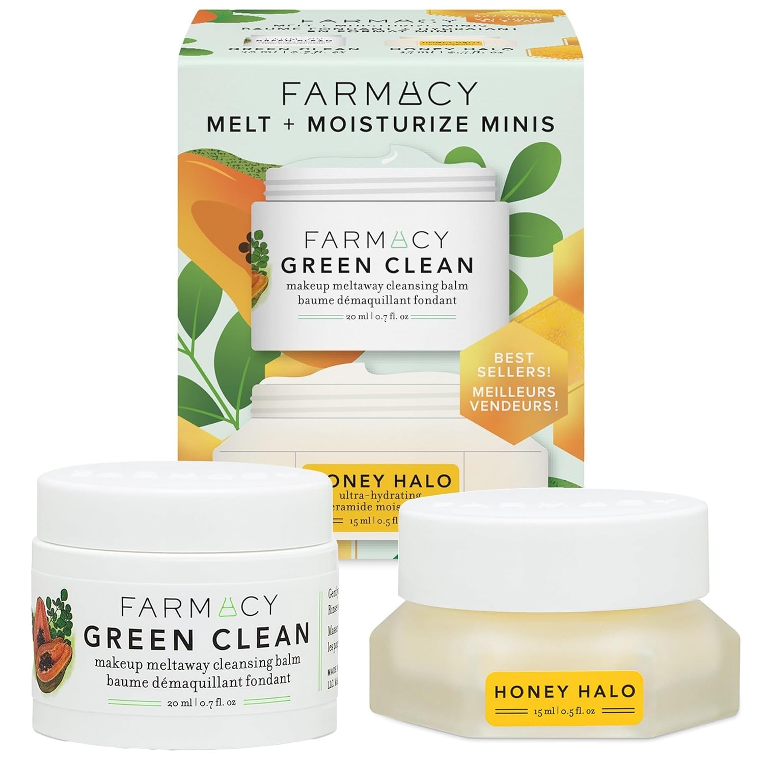 Farmacy Melt + Moisturize Minis Duo - Green Clean Makeup Remover Cleansing Balm & Honey Halo Ceramide Face Moisturizer - The Perfect Makeup Removing & Moisturizing Skincare Routine
