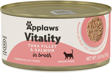 Applaws Vitality Wet Cat Food In Broth, Natural Canned Cat Food, Wet Food For Cats With Added Vitamins And Minerals, Grain And Carrageenan Free, Tuna Fillet & Shrimp In Broth (24 Count, 2.47 Oz Cans)
