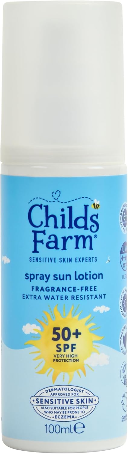Childs Farm Kids & Baby Sun Lotion Spray Spf 50+ | Uva & Uvb Very High Protection | Extra Water Resistant | Fragrance Free | Suitable For Dry, Sensitive Skin, 100Ml