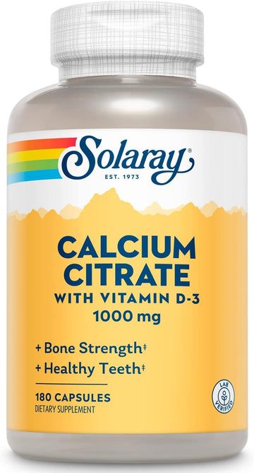 Solaray Calcium Citrate with Vitamin D3 1000mg - Bone Strength and Healthy Teeth Support - Gentle Digestion Formula - Lab Verified, 60-Day Guarantee - 30 Servings, 180 Capsules