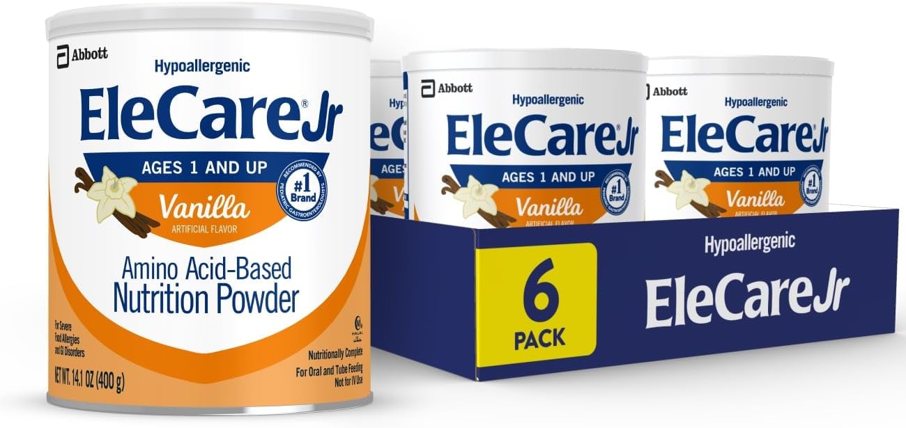 Elecare Jr Amino Acid-Based Nutrition Powder, Complete Nutrition For Ages 1 And Older With Food Allergies, Vanilla, 14.1-Oz Can, Pack Of 6