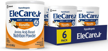 Elecare Jr Amino Acid-Based Nutrition Powder, Complete Nutrition For Ages 1 And Older With Food Allergies, Vanilla, 14.1-Oz Can, Pack Of 6